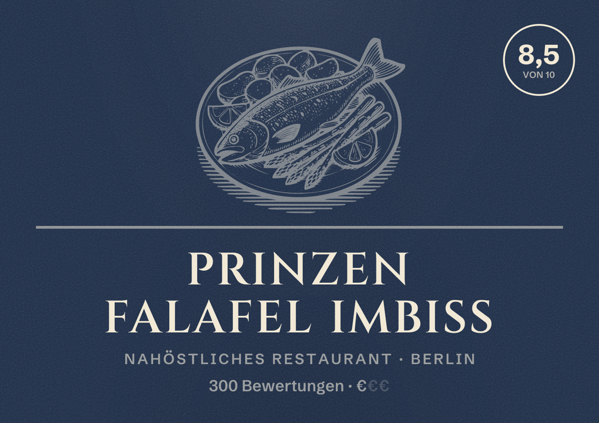 Illustriertes Poster von Prinzen Falafel Imbiss, Nahöstliches Restaurant in Berlin: Bewertung 8,5 von 10 aus 300 Bewertungen, Preisniveau €