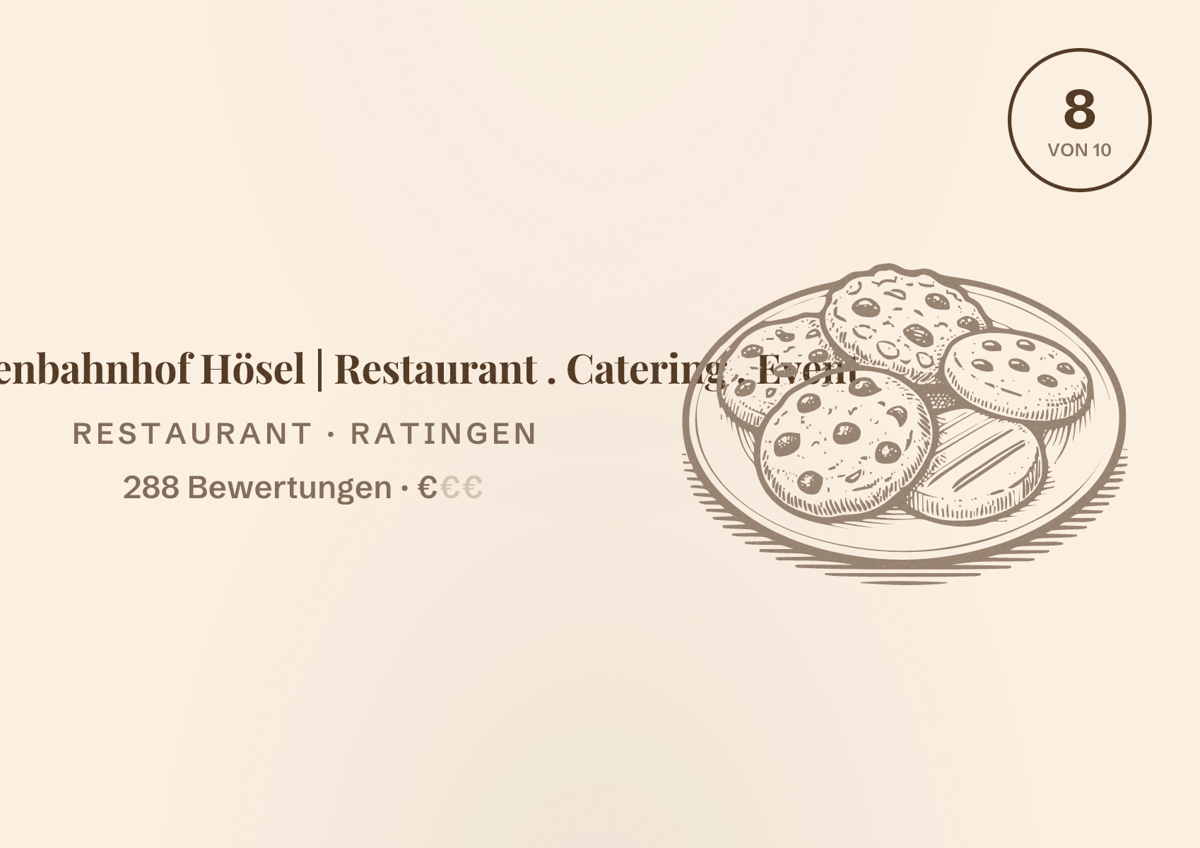 Illustriertes Poster von Prinzenbahnhof Hösel | Restaurant . Catering . Event, Restaurant in Ratingen: Bewertung 8 von 10 aus 288 Bewertungen, Preisniveau €