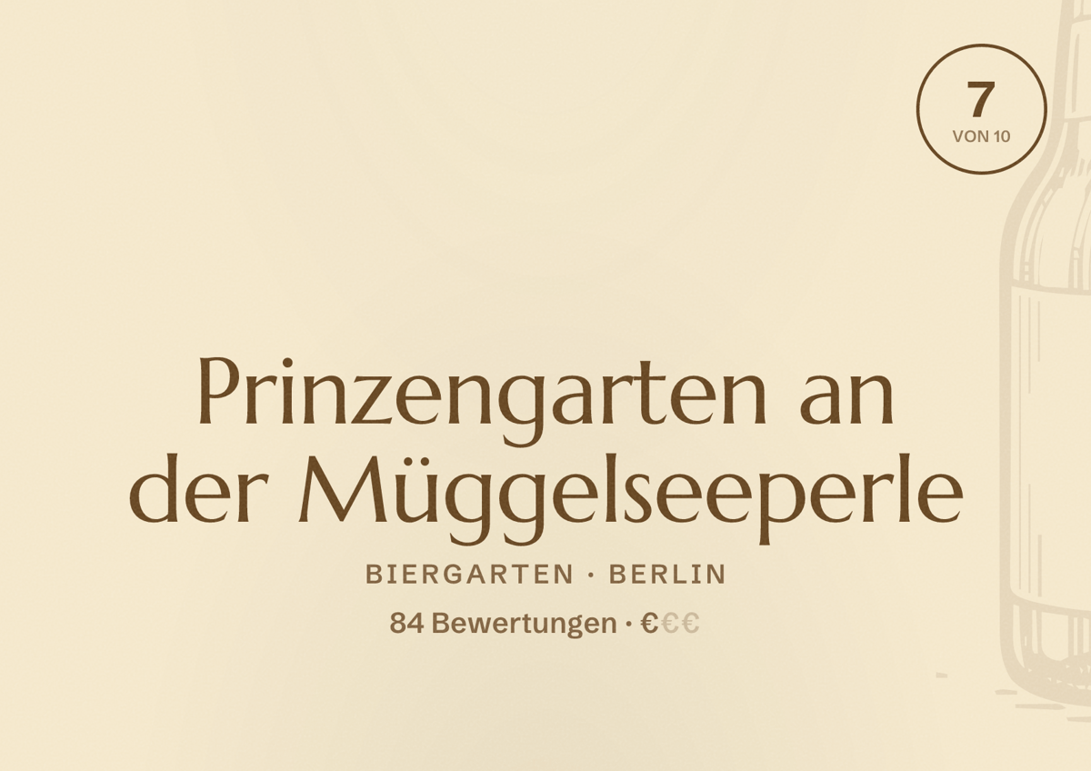 Illustriertes Poster von Prinzengarten an der Müggelseeperle, Biergarten in Berlin: Bewertung 7,0 von 10 aus 84 Bewertungen, Preisniveau €