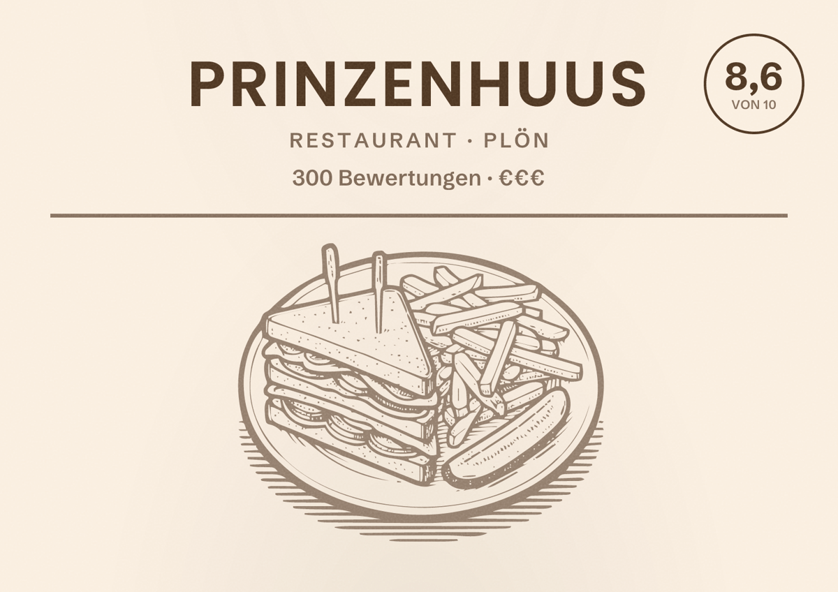 Illustriertes Poster von Prinzenhuus, Restaurant in Plön: Bewertung 8,6 von 10 aus 300 Bewertungen, Preisniveau €€€