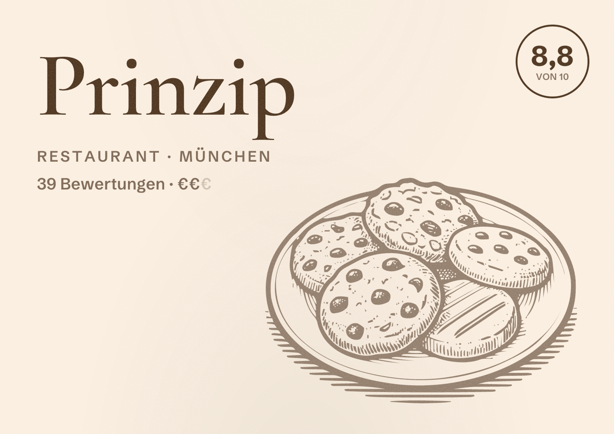 Illustriertes Poster von Prinzip, Restaurant in München: Bewertung 8,8 von 10 aus 39 Bewertungen, Preisniveau €€