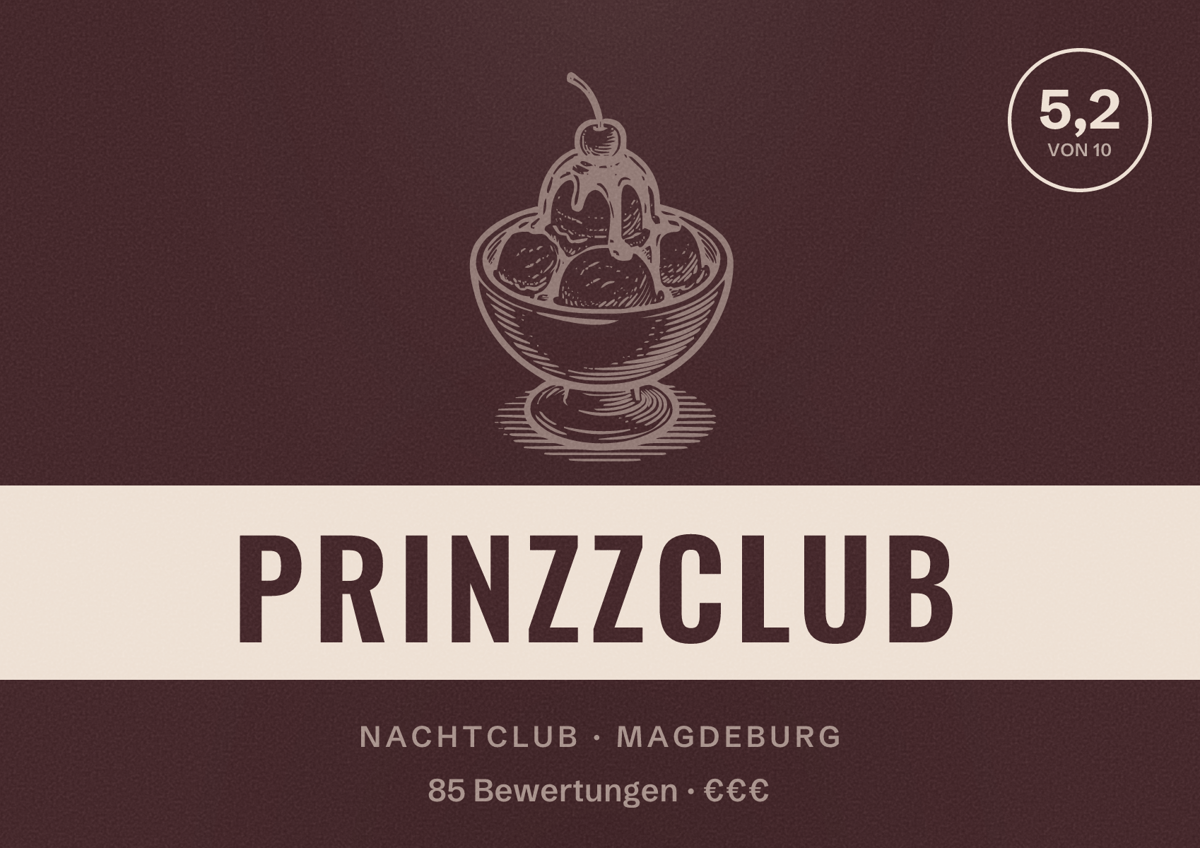 Illustriertes Poster von Prinzzclub, Nachtclub in Magdeburg: Bewertung 5,2 von 10 aus 85 Bewertungen, Preisniveau €€€