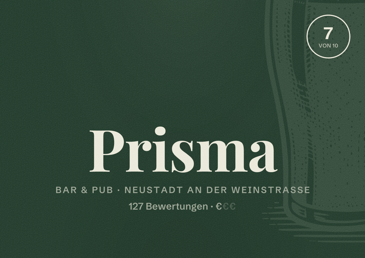 Illustriertes Poster von Prisma, Bar & Pub in Neustadt an der Weinstraße: Bewertung 7 von 10 aus 127 Bewertungen, Preisniveau €