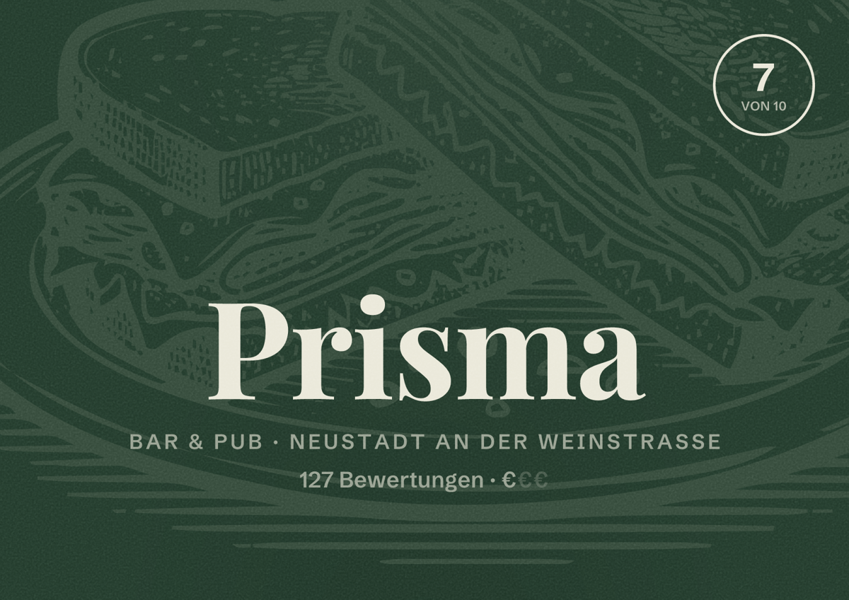 Illustriertes Poster von Prisma, Bar & Pub in Neustadt an der Weinstraße: Bewertung 7 von 10 aus 127 Bewertungen, Preisniveau €