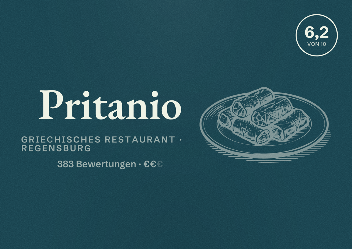 Illustriertes Poster von Pritanio, Griechisches Restaurant in Regensburg: Bewertung 6,2 von 10 aus 383 Bewertungen, Preisniveau €€