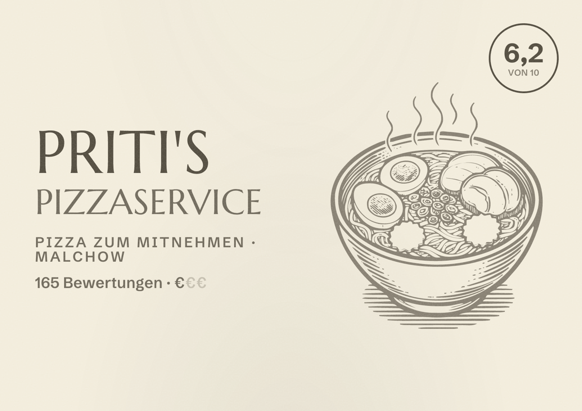 Illustriertes Poster von Priti's Pizzaservice, Pizza zum Mitnehmen in Malchow: Bewertung 6,2 von 10 aus 165 Bewertungen, Preisniveau €
