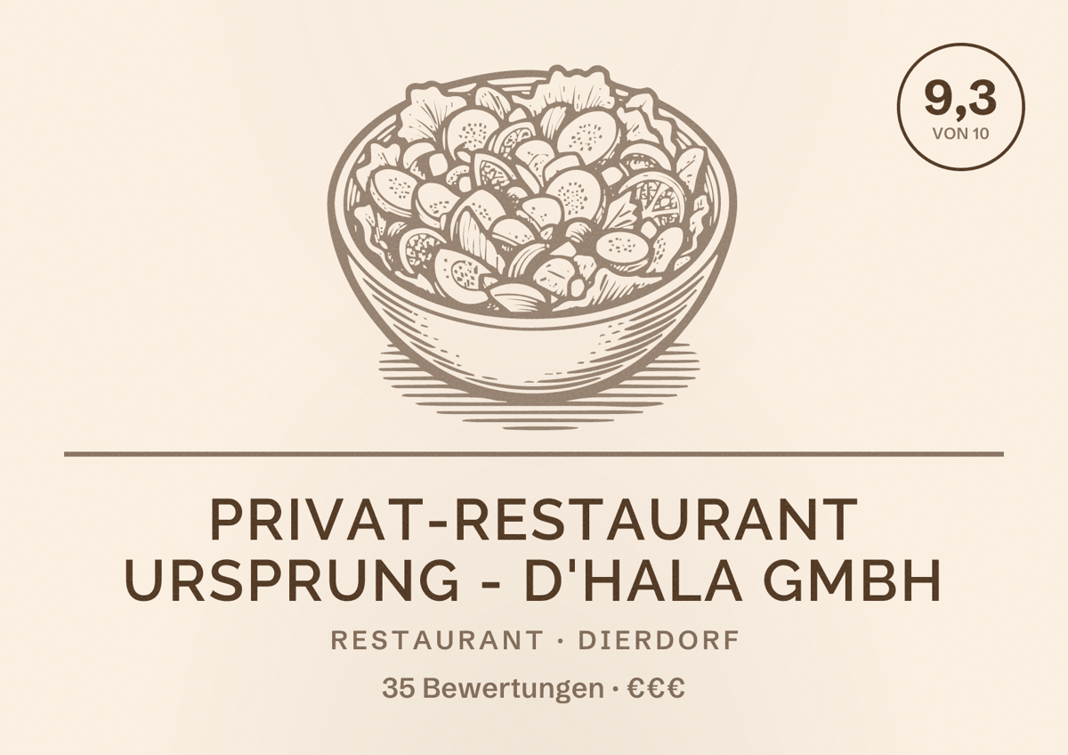 Illustriertes Poster von Privat-Restaurant Ursprung - d'Hala GmbH, Restaurant in Dierdorf: Bewertung 9,3 von 10 aus 35 Bewertungen, Preisniveau €€€