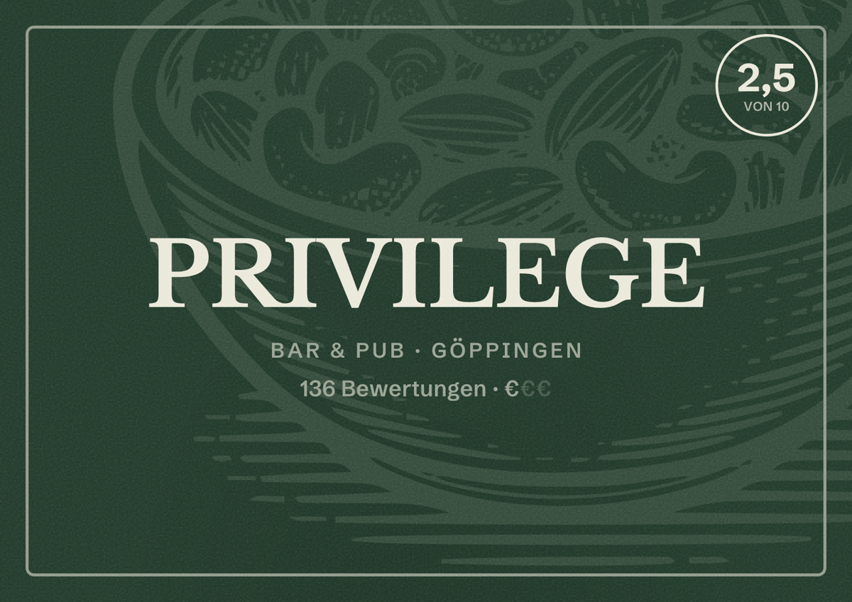 Illustriertes Poster von PRIVILEGE, Bar & Pub in Göppingen: Bewertung 2,5 von 10 aus 136 Bewertungen, Preisniveau €
