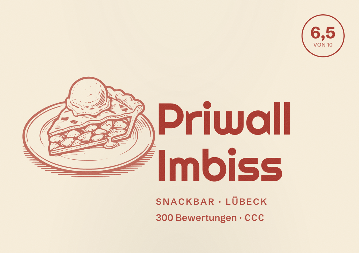 Illustriertes Poster von Priwall Imbiss, Snackbar in Lübeck: Bewertung 6,5 von 10 aus 300 Bewertungen, Preisniveau €€€