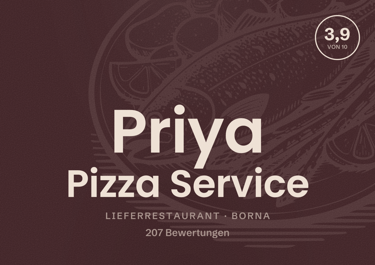 Illustriertes Poster von Priya Pizza Service, Lieferrestaurant in Borna: Bewertung 3,9 von 10 aus 207 Bewertungen