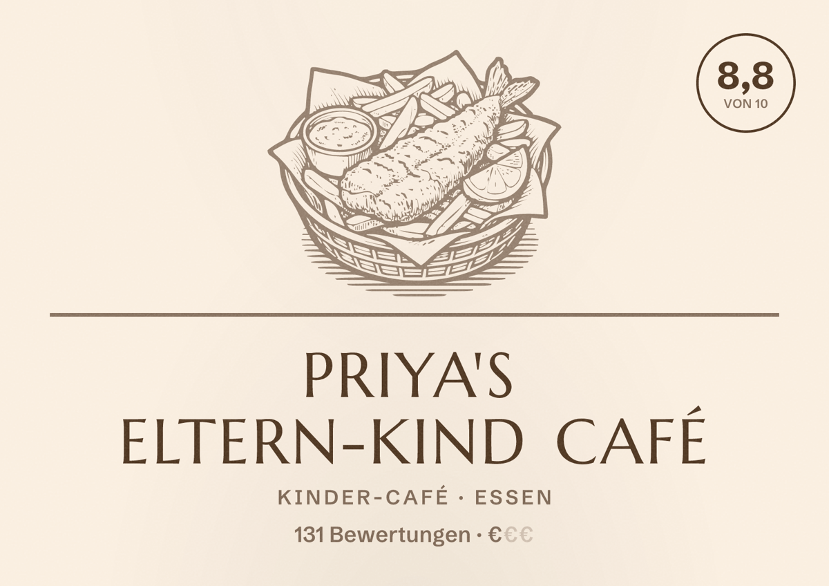 Illustriertes Poster von Priya's Eltern-Kind Café, Kinder-Café in Essen: Bewertung 8,8 von 10 aus 131 Bewertungen, Preisniveau €