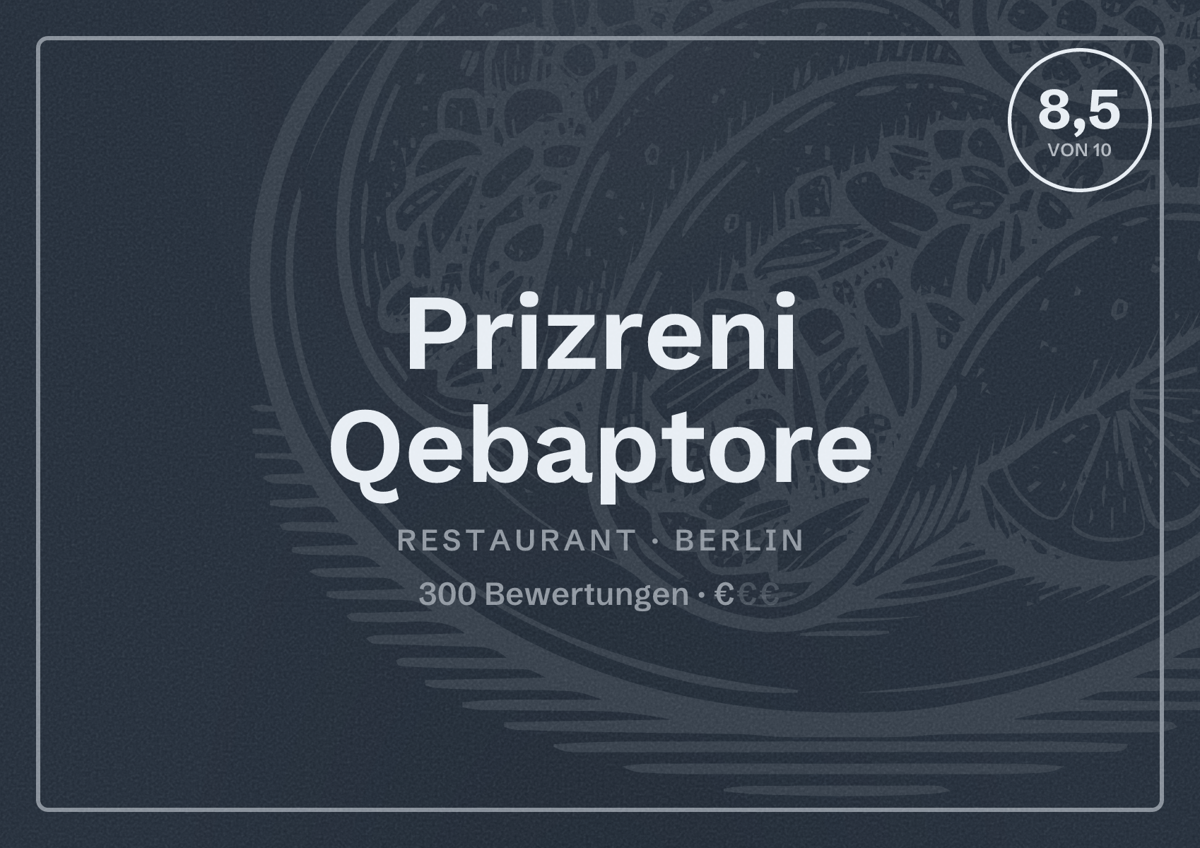 Illustriertes Poster von Prizreni Qebaptore, Restaurant in Berlin: Bewertung 8,5 von 10 aus 300 Bewertungen, Preisniveau €