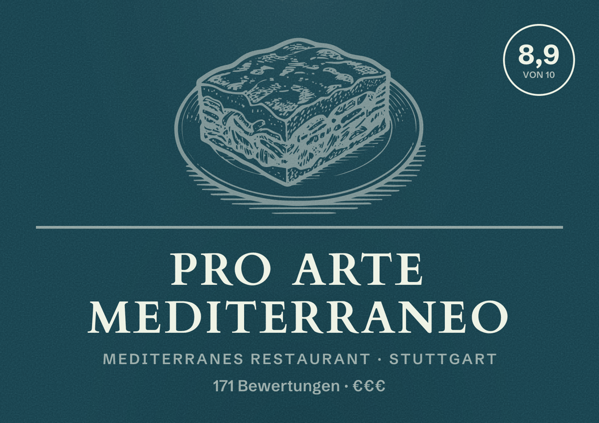Illustriertes Poster von Pro Arte Mediterraneo, Mediterranes Restaurant in Stuttgart: Bewertung 8,9 von 10 aus 171 Bewertungen, Preisniveau €€€