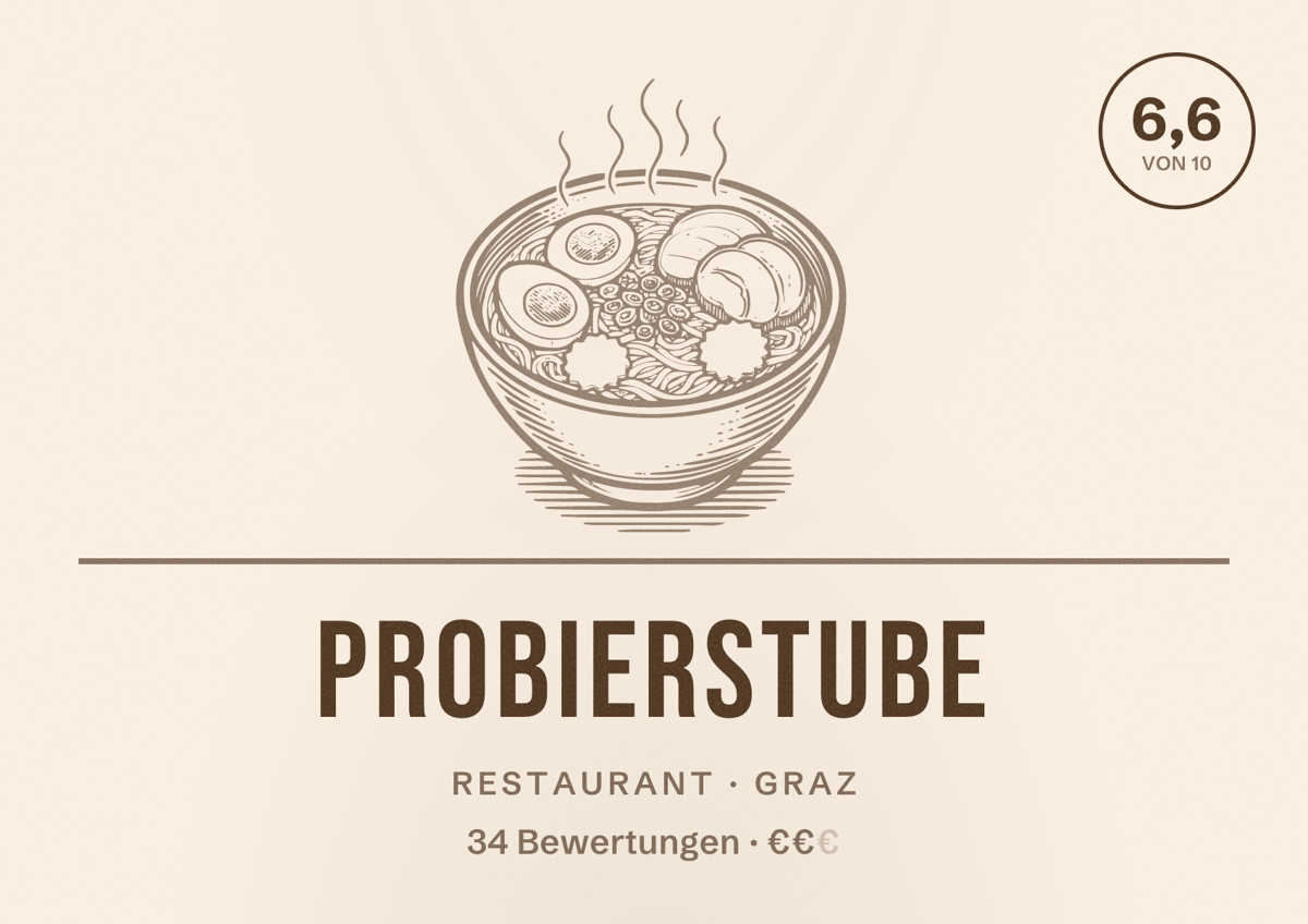 Illustriertes Poster von Probierstube, Restaurant in Graz: Bewertung 6,6 von 10 aus 34 Bewertungen, Preisniveau €€