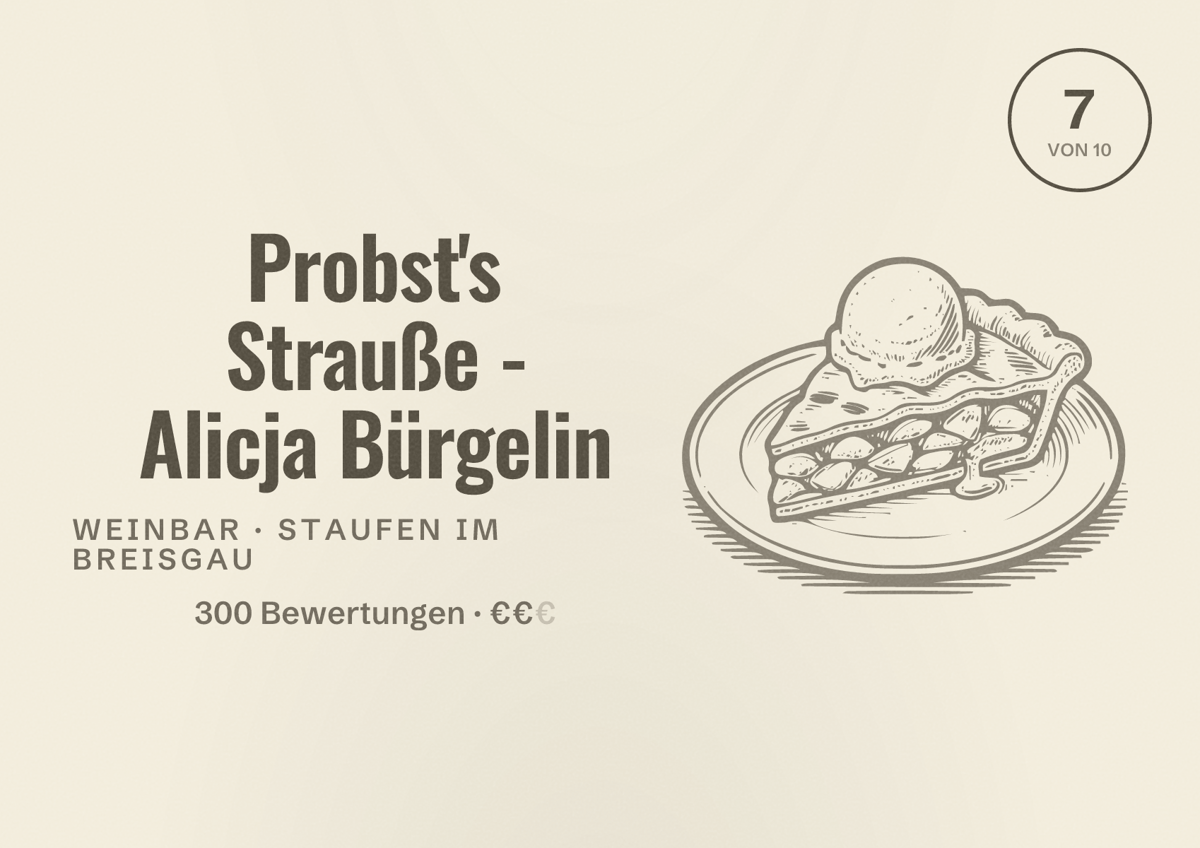 Illustriertes Poster von Probst's Strauße - Alicja Bürgelin, Weinbar in Staufen im Breisgau: Bewertung 7 von 10 aus 300 Bewertungen, Preisniveau €€