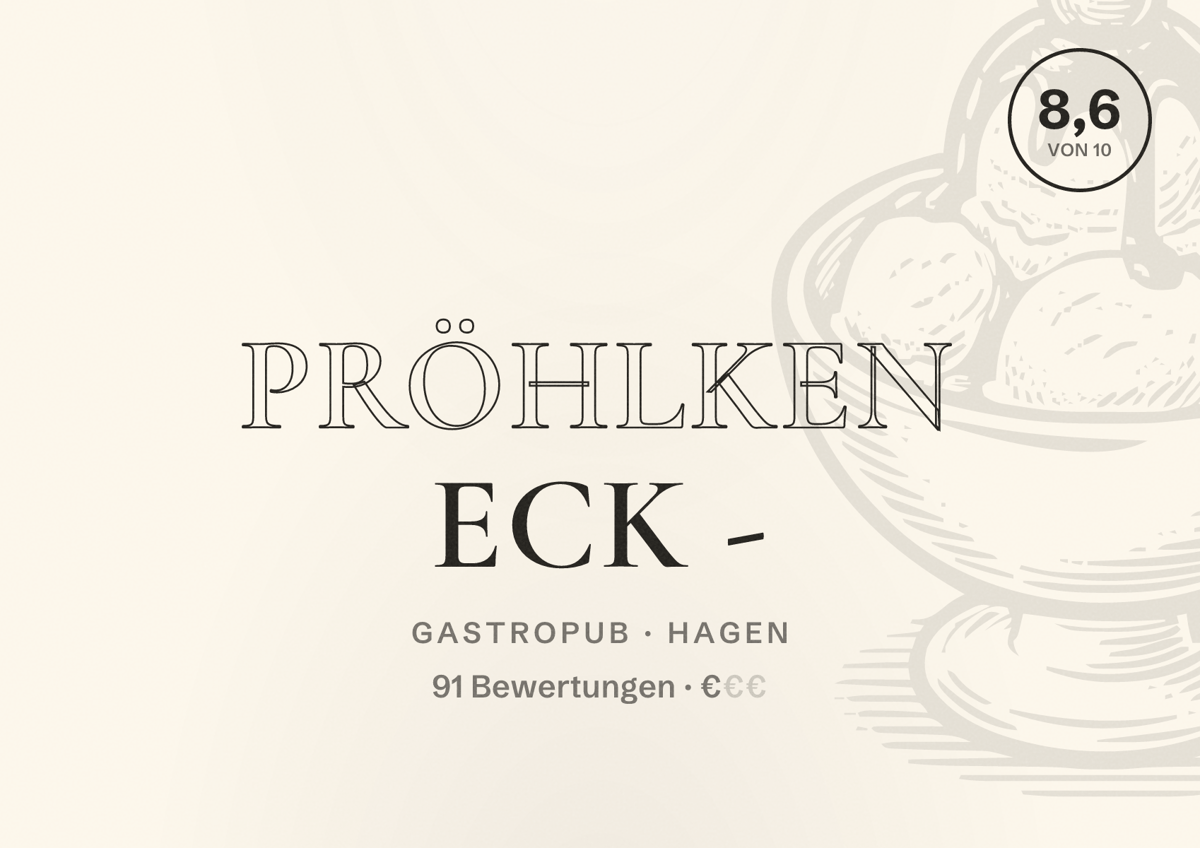 Illustriertes Poster von Pröhlken Eck -, Gastropub in Hagen: Bewertung 8,6 von 10 aus 91 Bewertungen, Preisniveau €