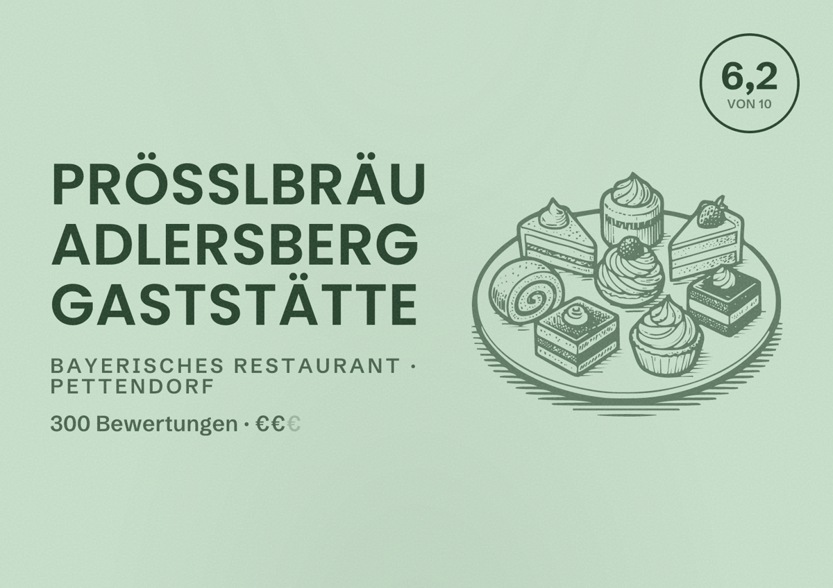 Illustriertes Poster von Prösslbräu Adlersberg Gaststätte, Bayerisches Restaurant in Pettendorf: Bewertung 6,2 von 10 aus 300 Bewertungen, Preisniveau €€