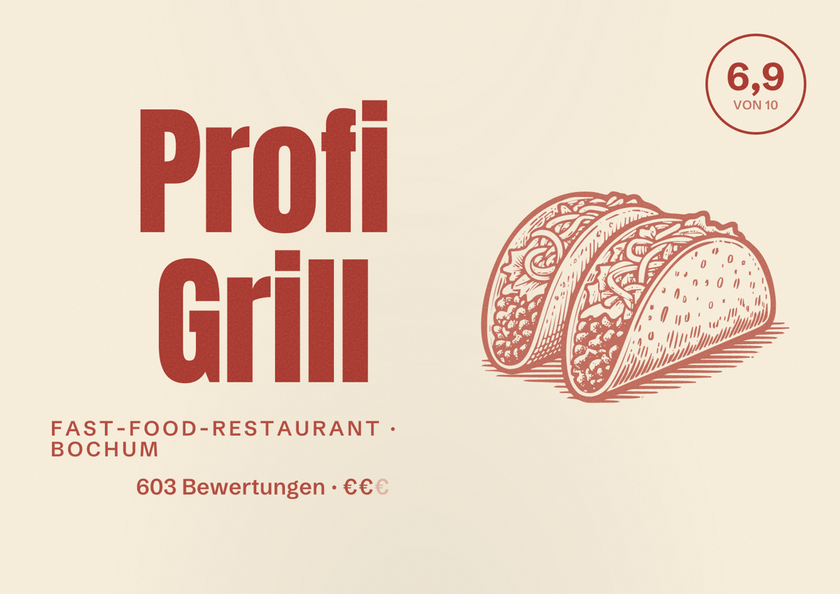 Illustriertes Poster von Profi Grill, Fast-Food-Restaurant in Bochum: Bewertung 6,9 von 10 aus 603 Bewertungen, Preisniveau €€
