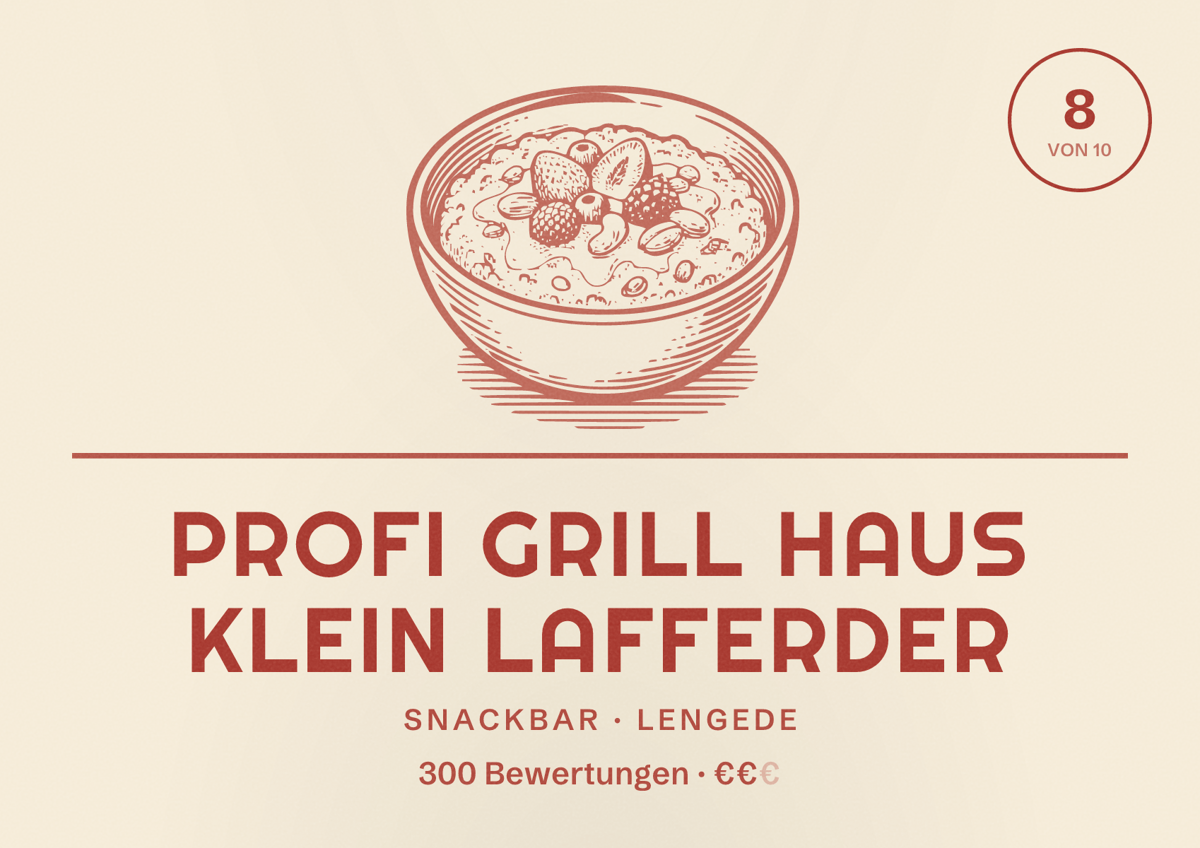 Illustriertes Poster von Profi Grill Haus Klein Lafferder, Snackbar in Lengede: Bewertung 8 von 10 aus 300 Bewertungen, Preisniveau €€