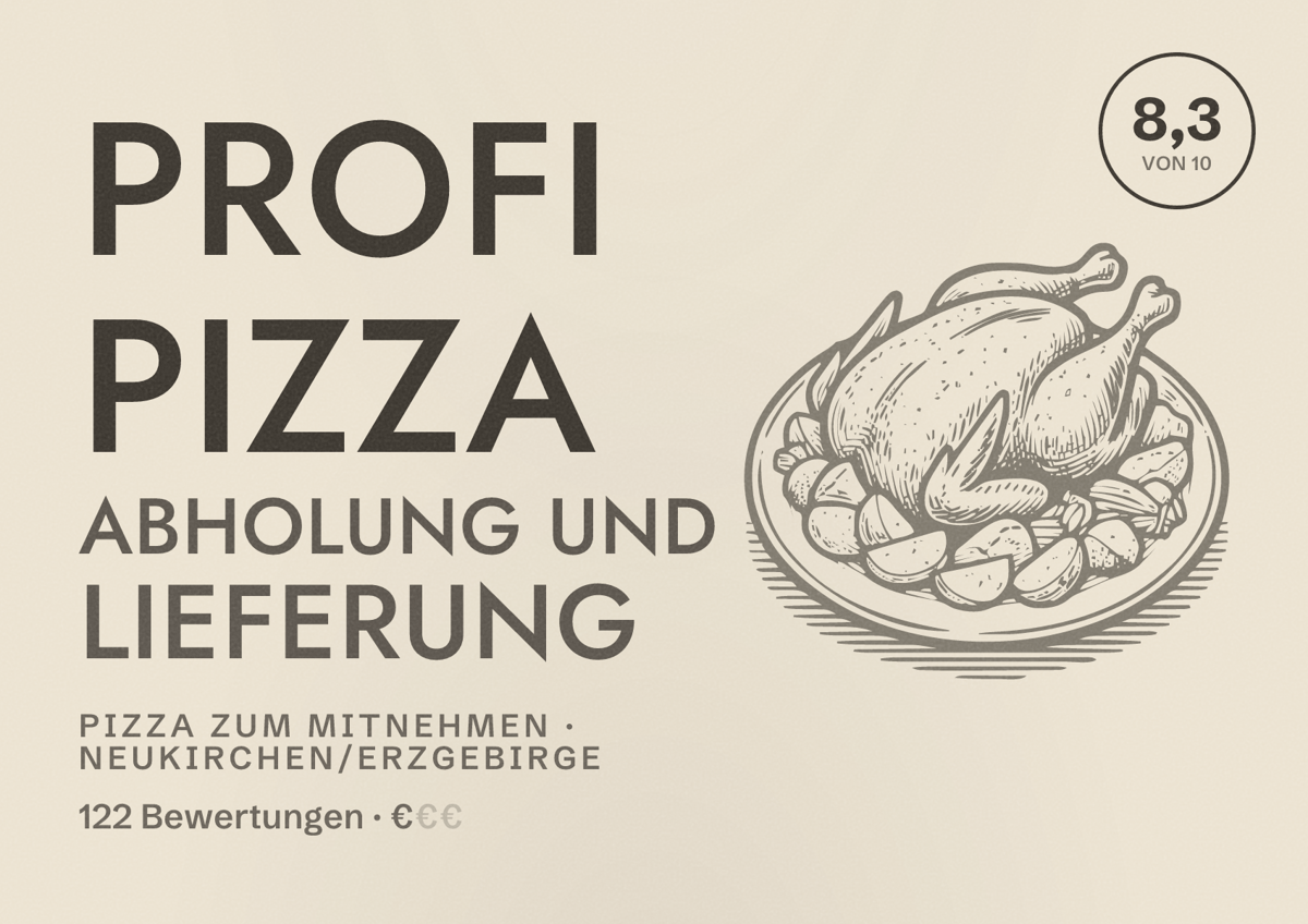Illustriertes Poster von Profi Pizza Abholung und Lieferung, Pizza zum Mitnehmen in Neukirchen/Erzgebirge: Bewertung 8,3 von 10 aus 122 Bewertungen, Preisniveau €