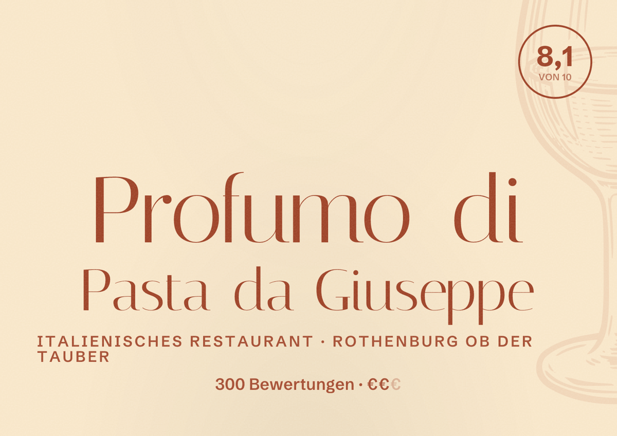 Illustriertes Poster von Profumo di Pasta da Giuseppe, Italienisches Restaurant in Rothenburg ob der Tauber: Bewertung 8,1 von 10 aus 300 Bewertungen, Preisniveau €€