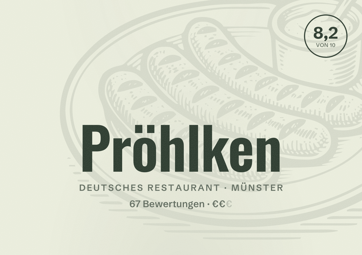 Illustriertes Poster von Pröhlken, Deutsches Restaurant in Münster: Bewertung 8,2 von 10 aus 67 Bewertungen, Preisniveau €€