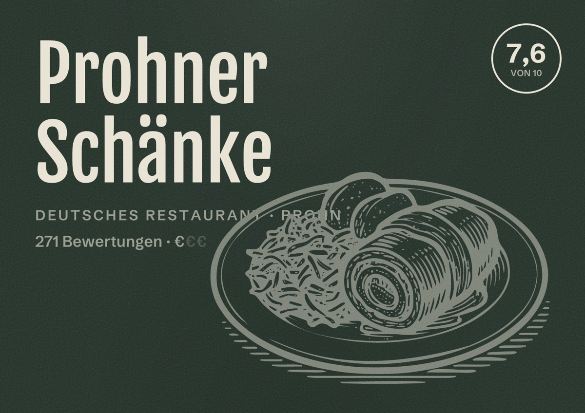 Illustriertes Poster von Prohner Schänke, Deutsches Restaurant in Prohn: Bewertung 7,6 von 10 aus 271 Bewertungen, Preisniveau €