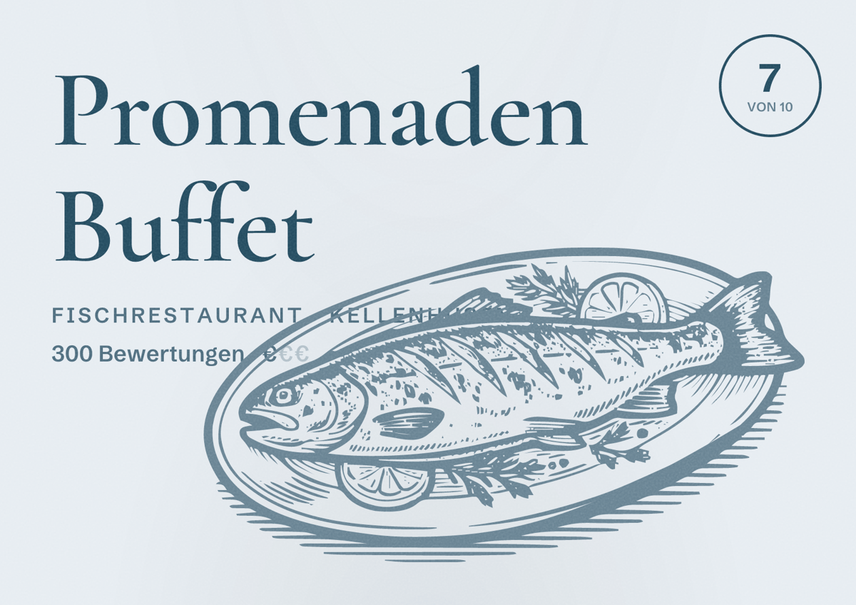 Illustriertes Poster von Promenaden Buffet, Fischrestaurant in Kellenhusen: Bewertung 7 von 10 aus 300 Bewertungen, Preisniveau €