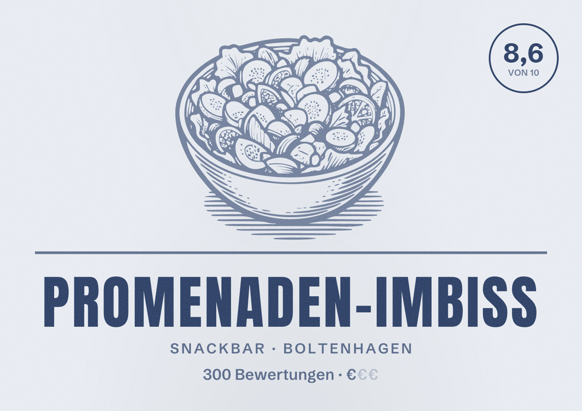 Illustriertes Poster von Promenaden-Imbiss, Snackbar in Boltenhagen: Bewertung 8,6 von 10 aus 300 Bewertungen, Preisniveau €