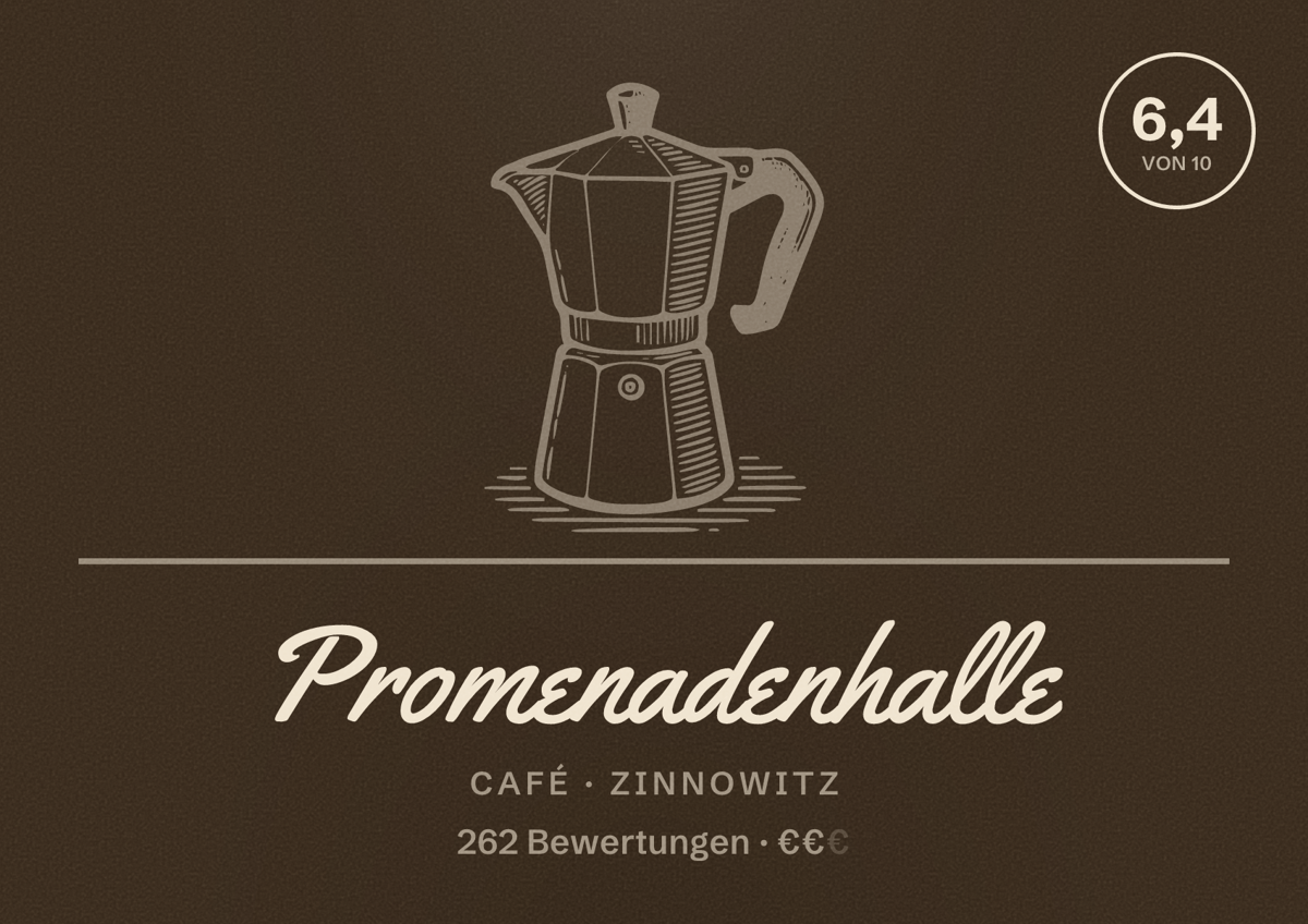 Illustriertes Poster von Promenadenhalle, Café in Zinnowitz: Bewertung 6,4 von 10 aus 262 Bewertungen, Preisniveau €€