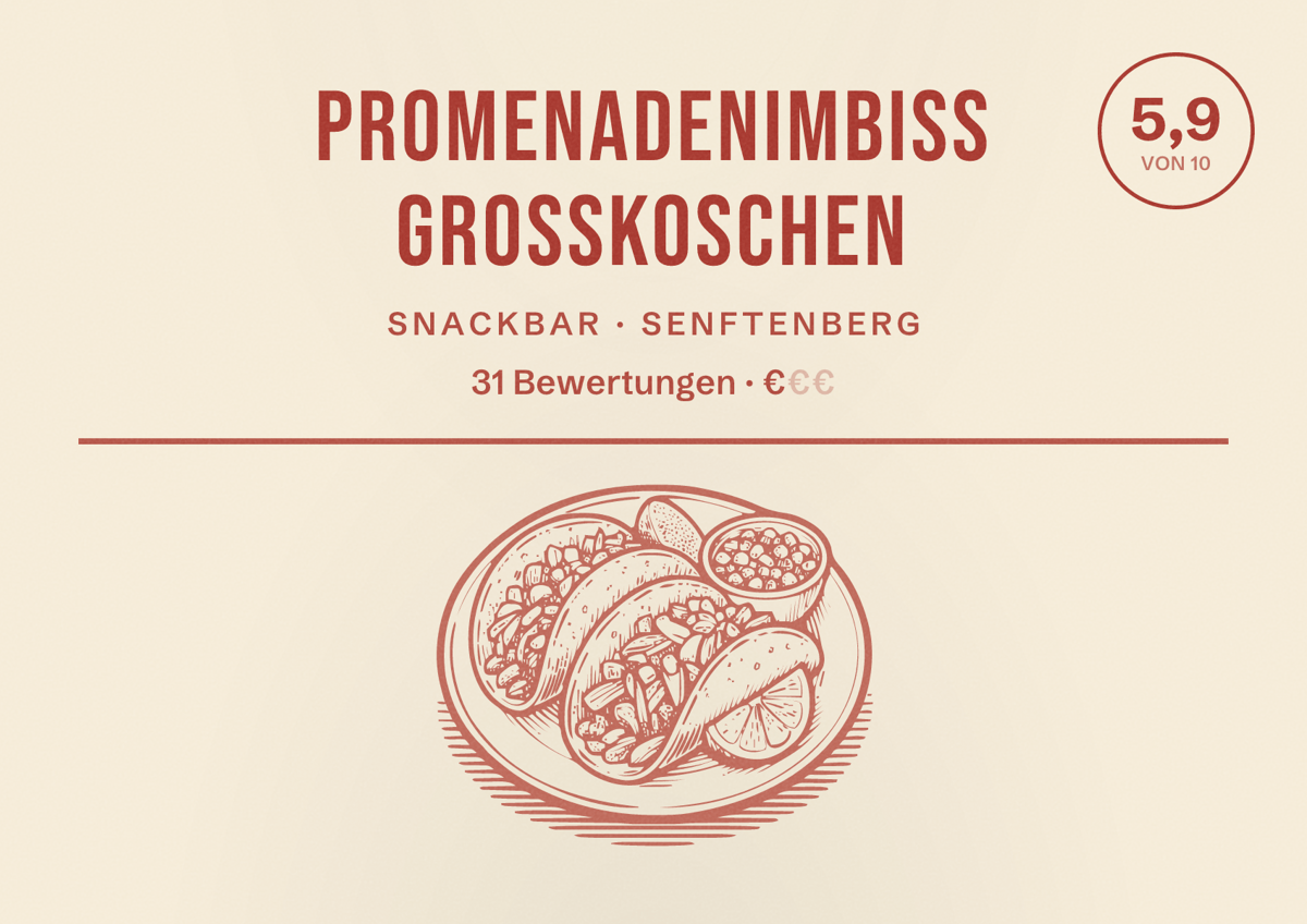 Illustriertes Poster von Promenadenimbiss Großkoschen, Snackbar in Senftenberg: Bewertung 5,9 von 10 aus 31 Bewertungen, Preisniveau €