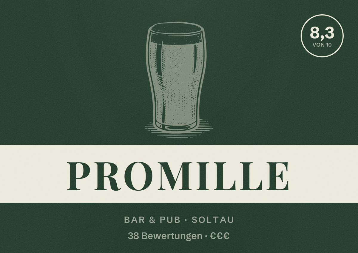 Illustriertes Poster von Promille, Bar & Pub in Soltau: Bewertung 8,3 von 10 aus 38 Bewertungen, Preisniveau €€€
