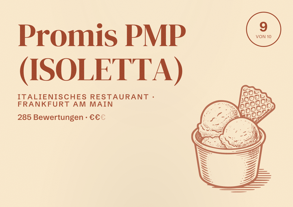 Illustriertes Poster von Promis PMP (ISOLETTA), Italienisches Restaurant in Frankfurt am Main: Bewertung 9,0 von 10 aus 285 Bewertungen, Preisniveau €€