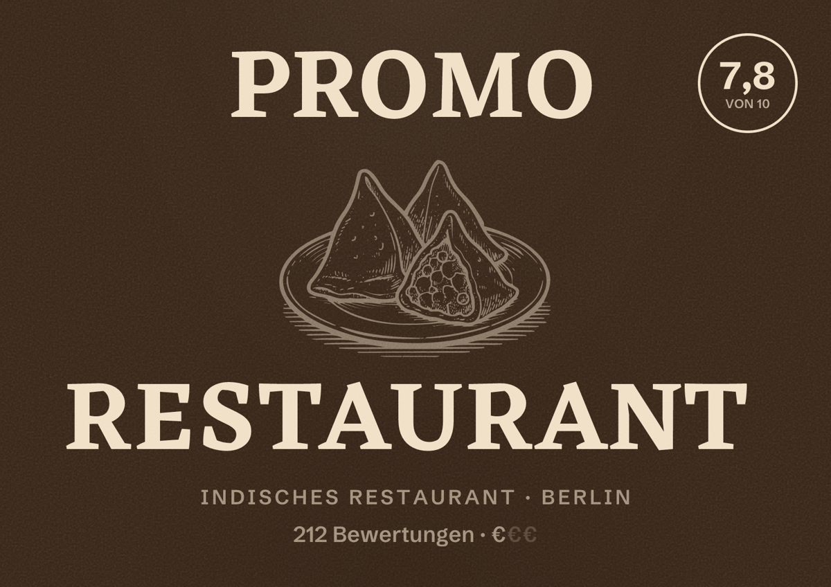 Illustriertes Poster von ProMo Restaurant, Indisches Restaurant in Berlin: Bewertung 7,8 von 10 aus 212 Bewertungen, Preisniveau €