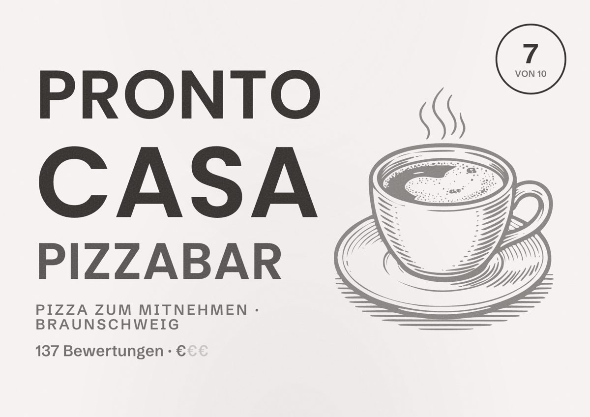 Illustriertes Poster von Pronto Casa Pizzabar, Pizza zum Mitnehmen in Braunschweig: Bewertung 7 von 10 aus 137 Bewertungen, Preisniveau €