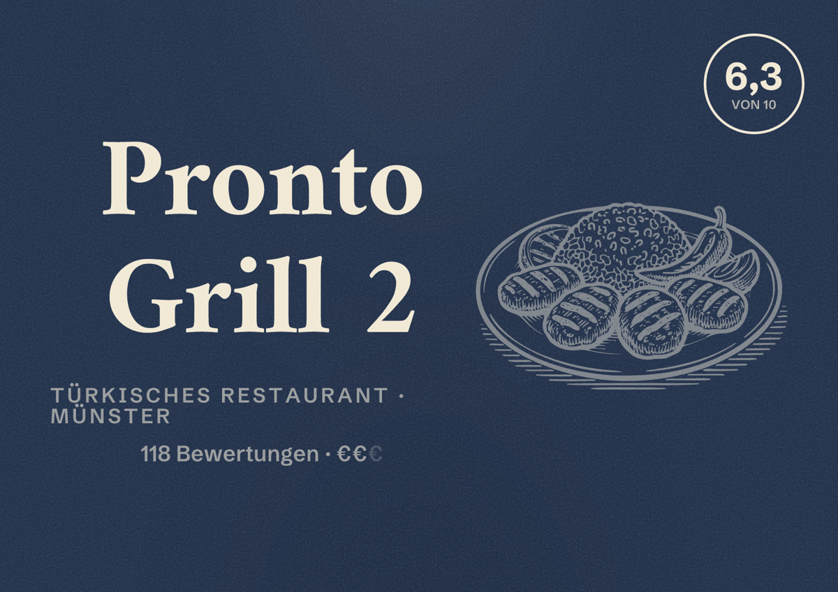 Illustriertes Poster von Pronto Grill 2, Türkisches Restaurant in Münster: Bewertung 6,3 von 10 aus 118 Bewertungen, Preisniveau €€