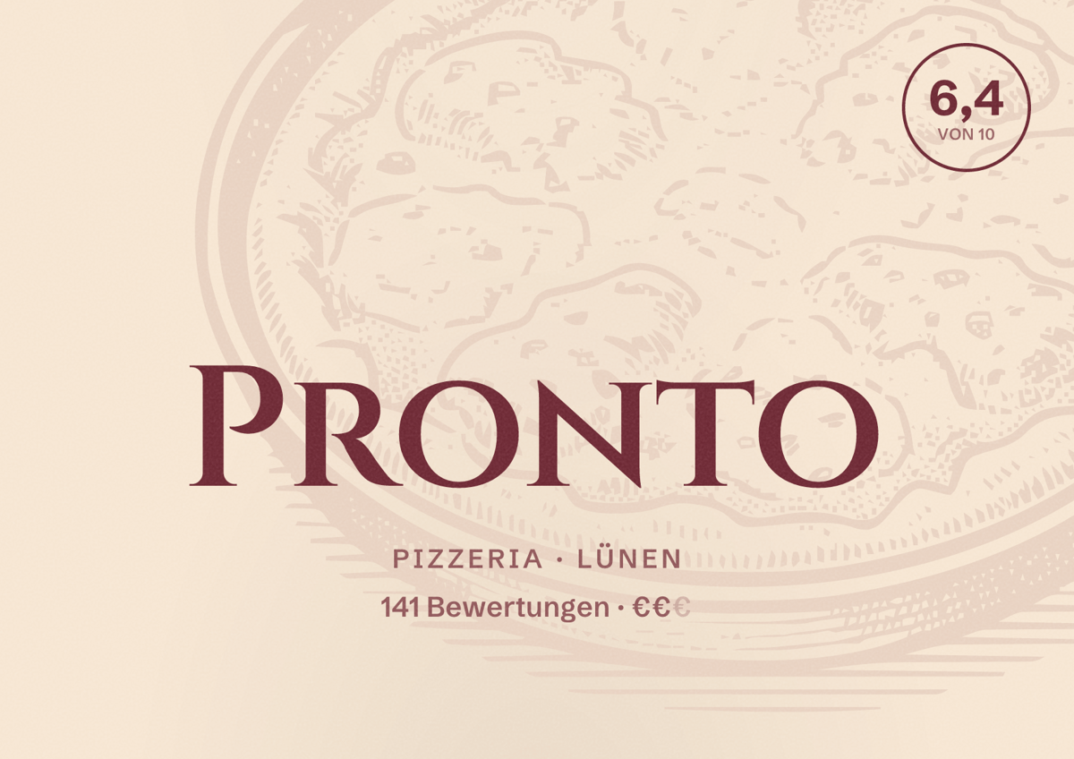 Illustriertes Poster von Pronto, Pizzeria in Lünen: Bewertung 6,4 von 10 aus 141 Bewertungen, Preisniveau €€