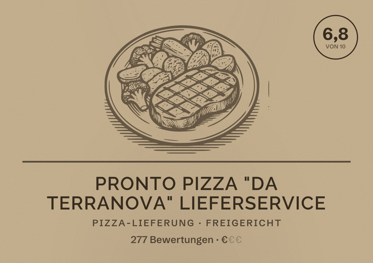 Illustriertes Poster von Pronto Pizza "da Terranova" Lieferservice, Pizza-Lieferung in Freigericht: Bewertung 6,8 von 10 aus 277 Bewertungen, Preisniveau €