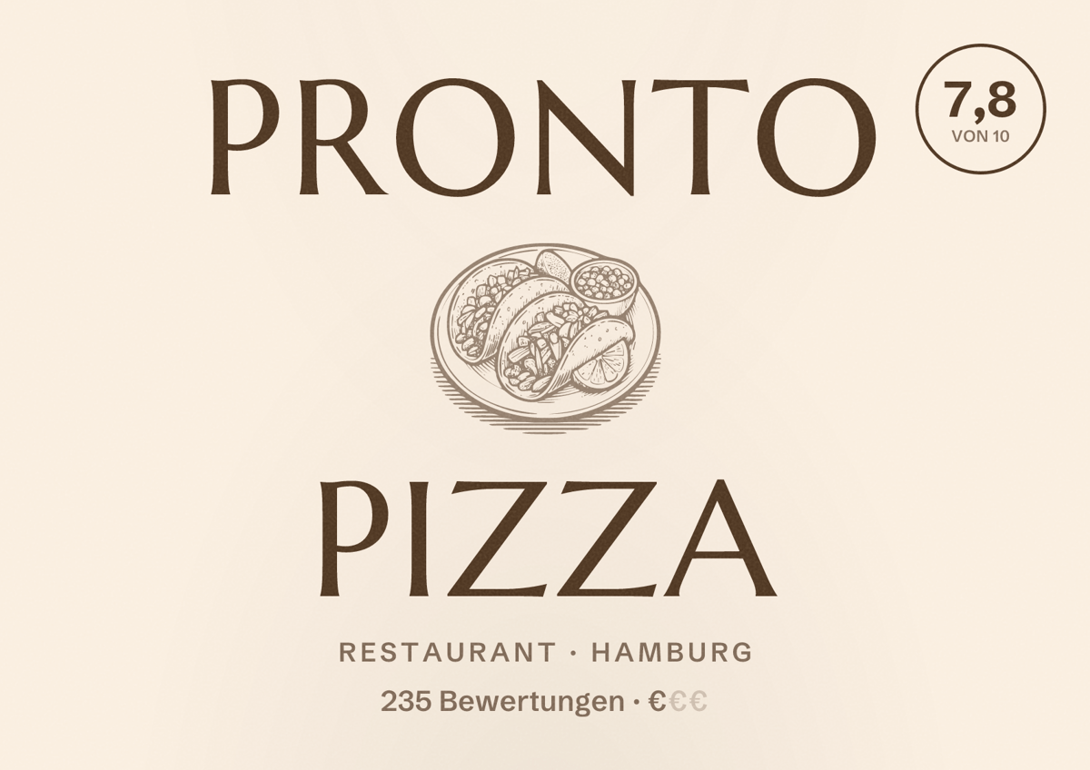 Illustriertes Poster von Pronto Pizza, Restaurant in Hamburg: Bewertung 7,8 von 10 aus 235 Bewertungen, Preisniveau €