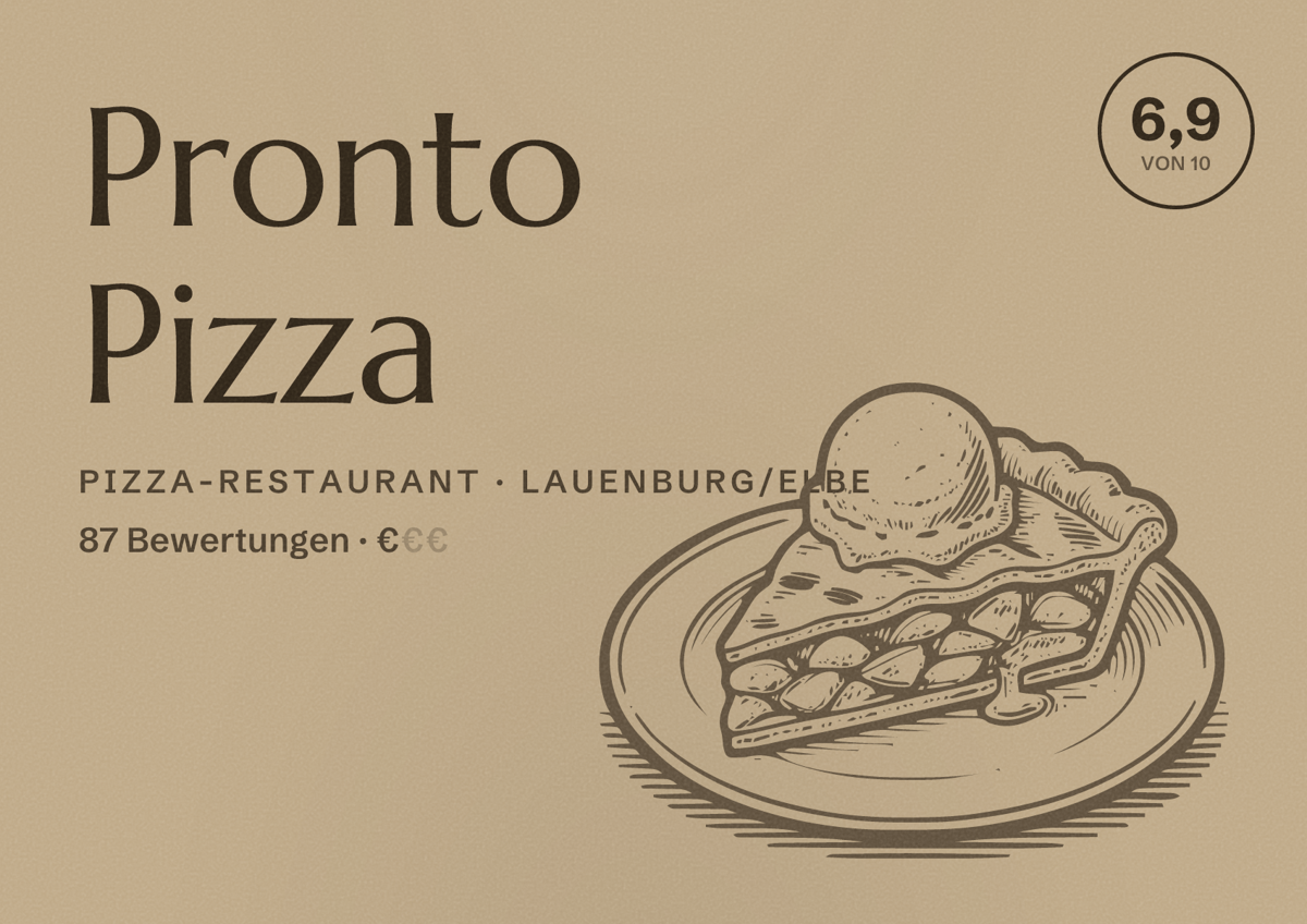 Illustriertes Poster von Pronto Pizza, Pizza-Restaurant in Lauenburg/Elbe: Bewertung 6,9 von 10 aus 87 Bewertungen, Preisniveau €
