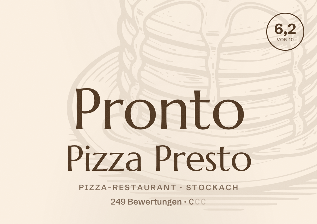 Illustriertes Poster von Pronto Pizza Presto, Pizza-Restaurant in Stockach: Bewertung 6,2 von 10 aus 249 Bewertungen, Preisniveau €