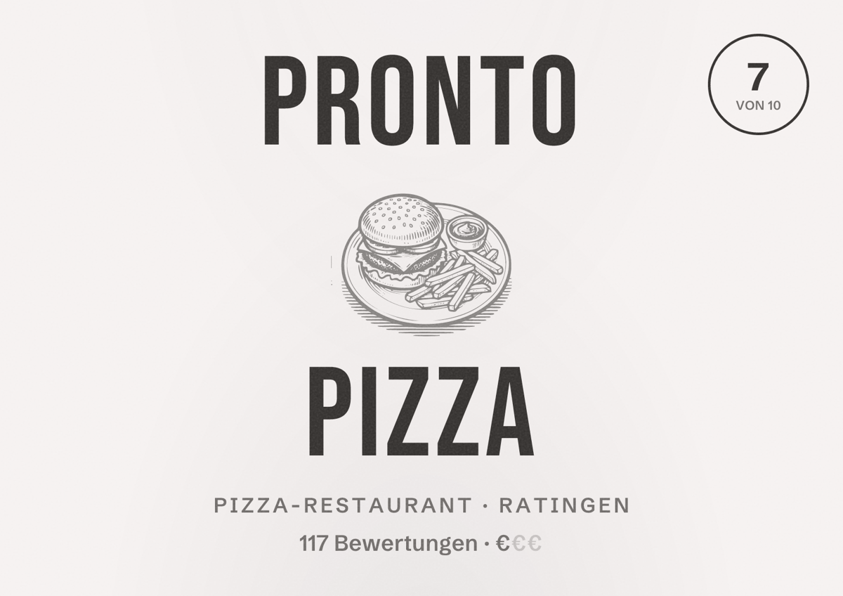 Illustriertes Poster von Pronto Pizza, Pizza-Restaurant in Ratingen: Bewertung 7 von 10 aus 117 Bewertungen, Preisniveau €