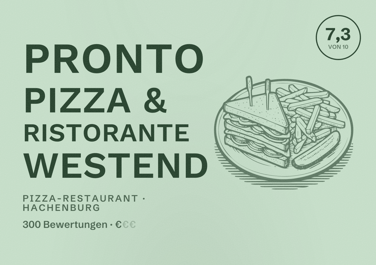 Illustriertes Poster von Pronto Pizza & Ristorante Westend, Pizza-Restaurant in Hachenburg: Bewertung 7,3 von 10 aus 300 Bewertungen, Preisniveau €