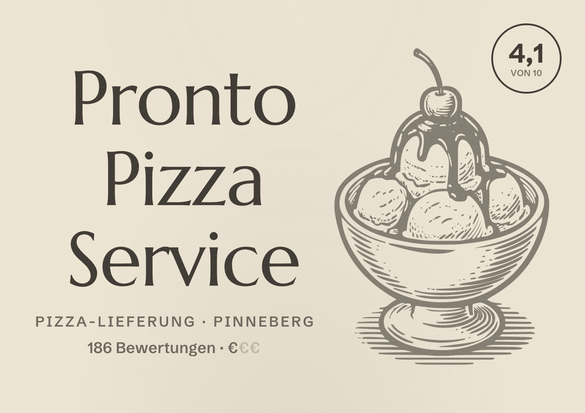 Illustriertes Poster von Pronto Pizza Service, Pizza-Lieferung in Pinneberg: Bewertung 4,1 von 10 aus 186 Bewertungen, Preisniveau €