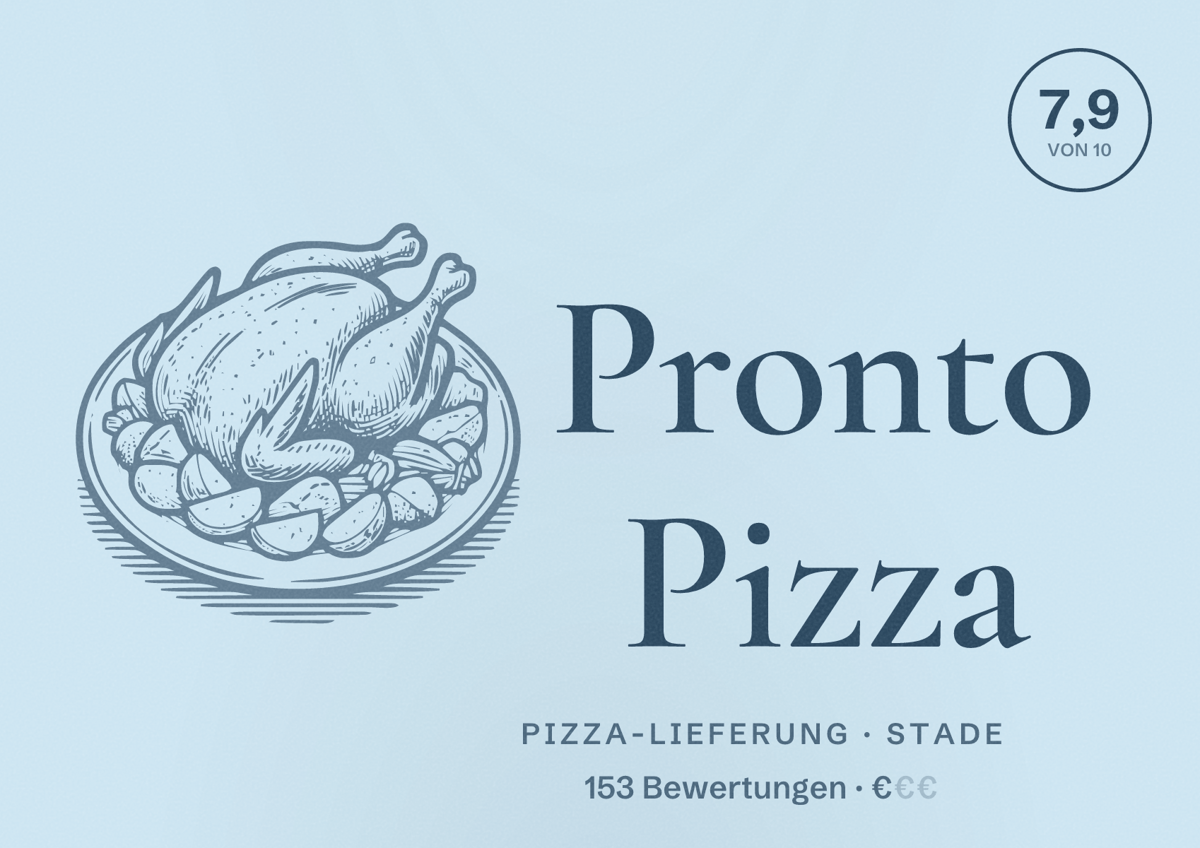 Illustriertes Poster von Pronto Pizza, Pizza-Lieferung in Stade: Bewertung 7,9 von 10 aus 153 Bewertungen, Preisniveau €