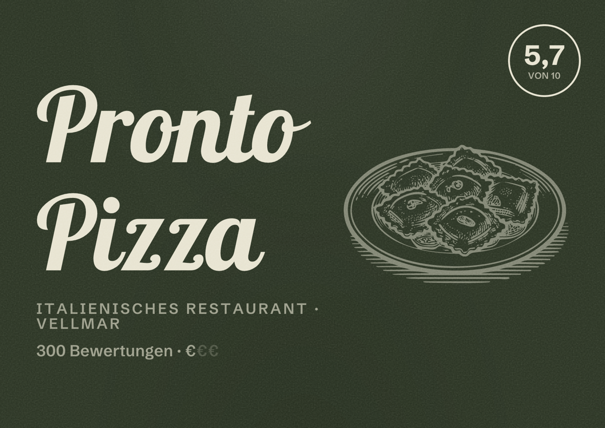 Illustriertes Poster von Pronto Pizza, Italienisches Restaurant in Vellmar: Bewertung 5,7 von 10 aus 300 Bewertungen, Preisniveau €