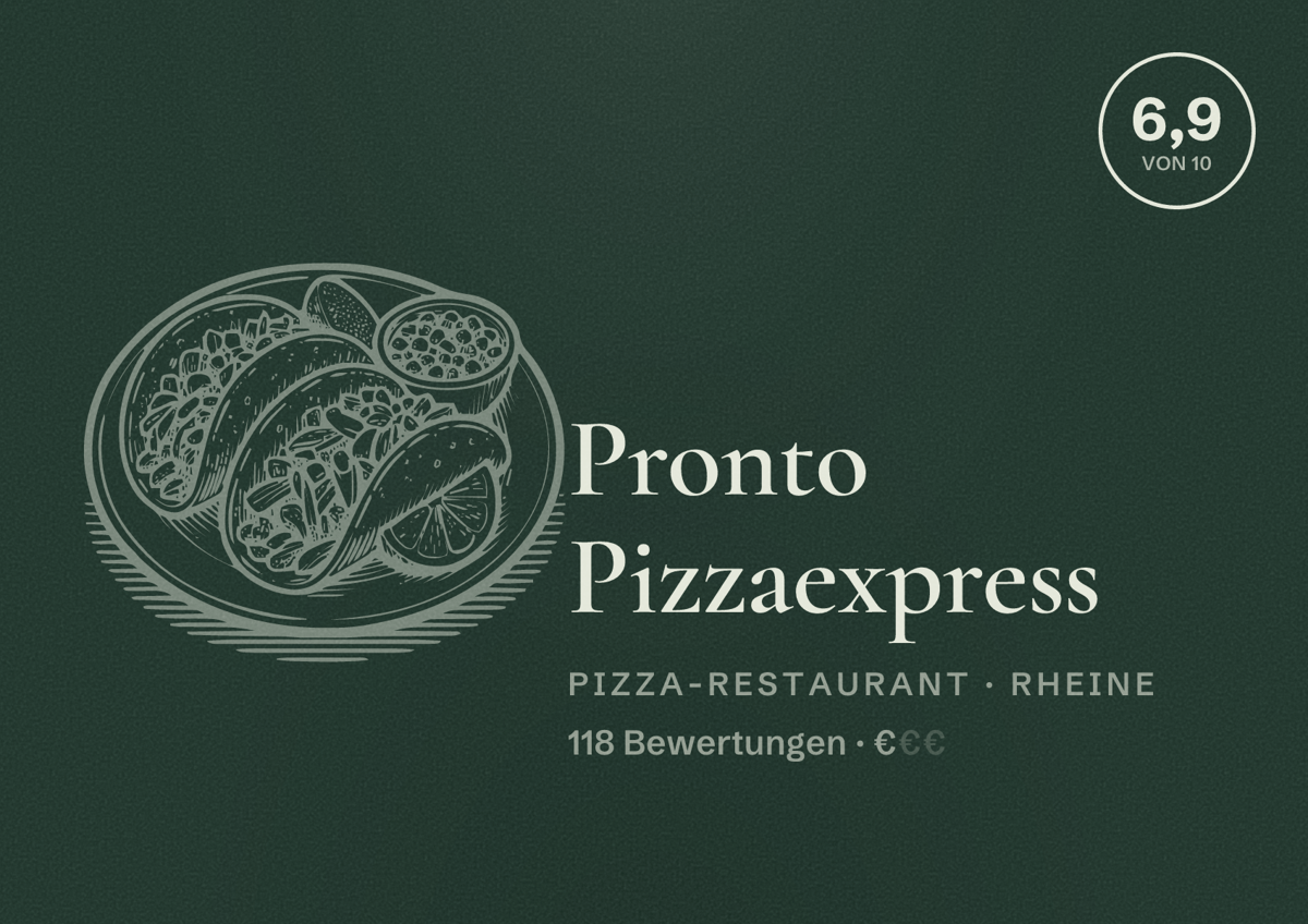 Illustriertes Poster von Pronto Pizzaexpress, Pizza-Restaurant in Rheine: Bewertung 6,9 von 10 aus 118 Bewertungen, Preisniveau €