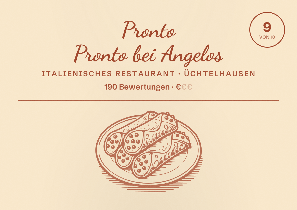 Illustriertes Poster von Pronto Pronto bei Angelos, Italienisches Restaurant in Üchtelhausen: Bewertung 9 von 10 aus 190 Bewertungen, Preisniveau €