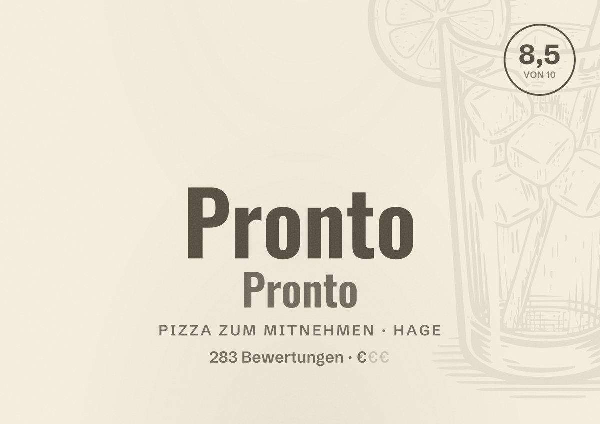 Illustriertes Poster von Pronto Pronto, Pizza zum Mitnehmen in Hage: Bewertung 8,5 von 10 aus 283 Bewertungen, Preisniveau €