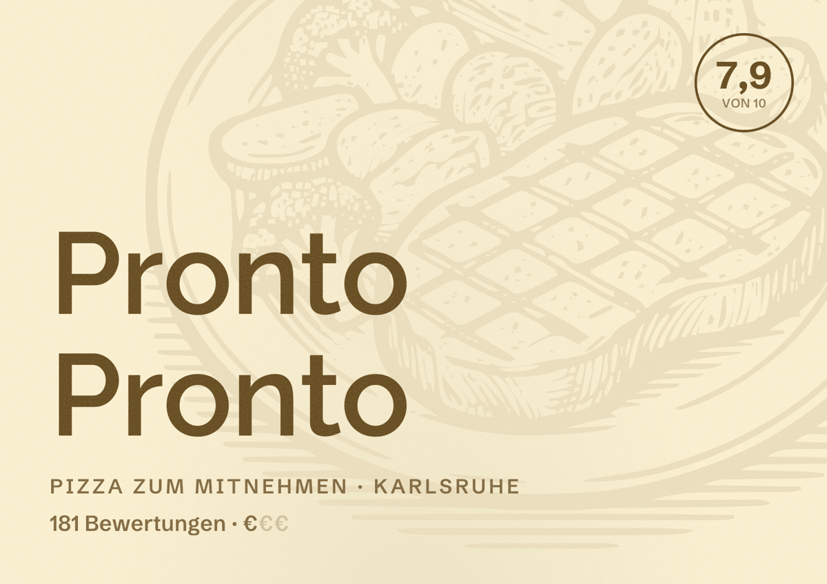 Illustriertes Poster von Pronto Pronto, Pizza zum Mitnehmen in Karlsruhe: Bewertung 7,9 von 10 aus 181 Bewertungen, Preisniveau €